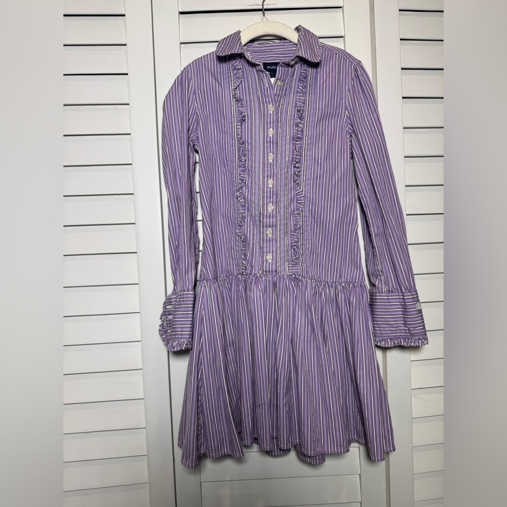 Ralph Lauren Kids Purple & White Striped Button Down Ruffle Dress Size 7